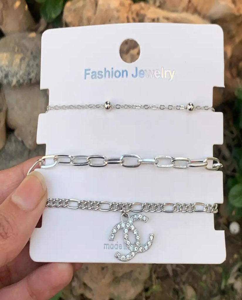 fashion jewellery silver triple layer bracelet set