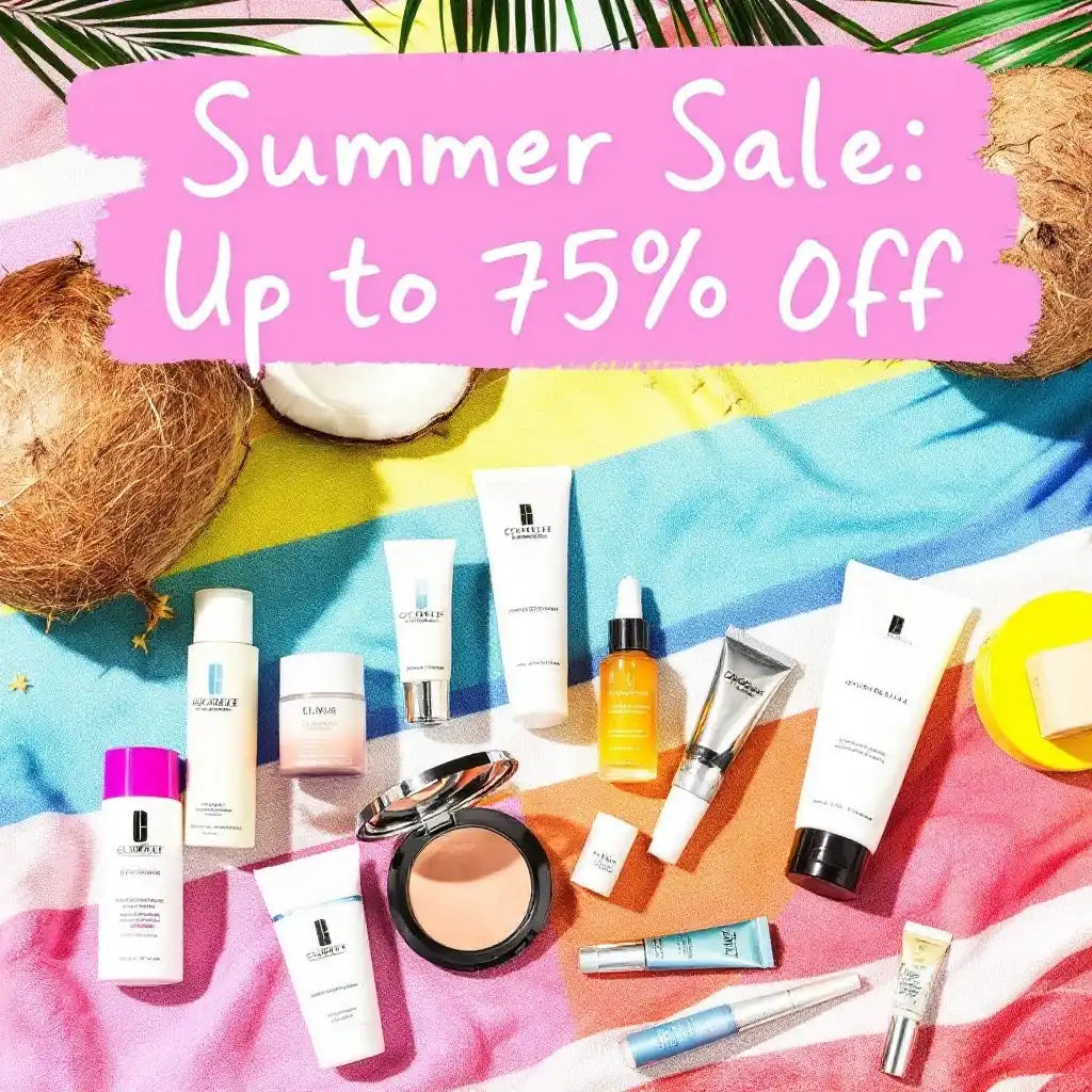 Cosmetics on a beach towel.